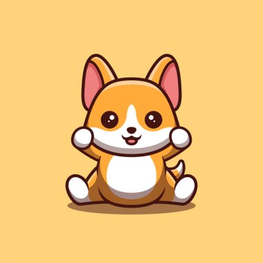 Corgi Oturan Heyecanlı Şirin Yaratıcı Kawaii Çizgi Film Maskotu Logosu