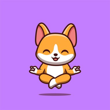 Corgi Oturan Meditasyon Şirin Yaratıcı Kawaii Çizgi Film Maskot Logosu