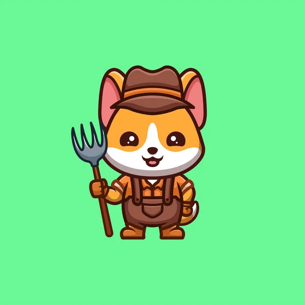 Corgi Farmer Cute Creative Kawaii Cartoon Mascot Logo — Stockvector
