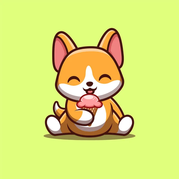 Corgi Sitting Eating Ice Cream Cute Creative Kawaii Cartoon Mascot — Stock vektor