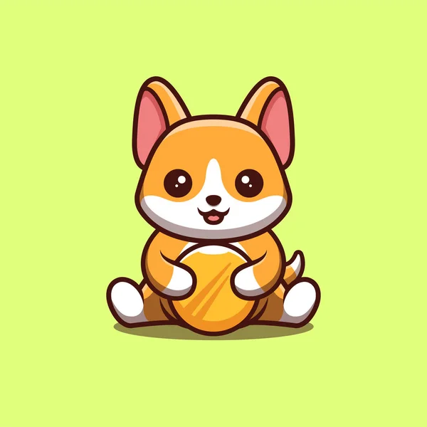 Corgi Sitting Gold Coin Cute Creative Kawaii Cartoon Mascot Logo — Stock vektor