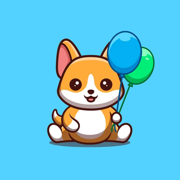 Corgi Sitting Hold Balloon Cute Creative Kawaii Cartoon Mascot Logo — Stockový vektor