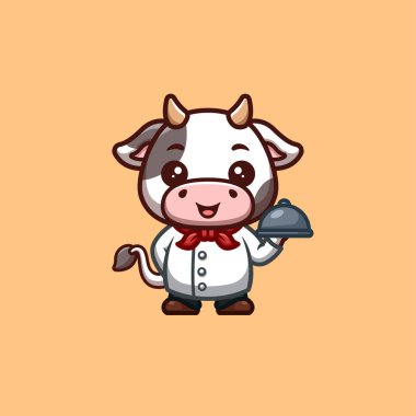 İnek Şefi Yaratıcı Kawaii Çizgi Film Maskotu Logosu