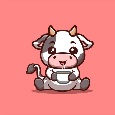 Cow Sitting Drink Coffee Cute Creative Kawaii Cartoon Mascot Logo