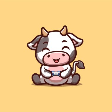 İnek Oturan Oyun Şirin Yaratıcı Kawaii Çizgi Film Maskotu Logosu