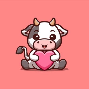 İnek Oturan Aşk Şirin Yaratıcı Kawaii Çizgi Film Maskotu Logosu