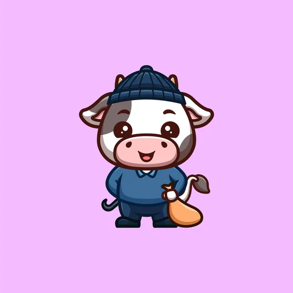 Cow Thief Cute Creative Kawaii Cartoon Mascot Logo — стоковый вектор