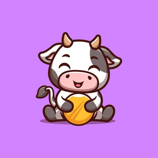 Cow Sitting Goldmünze Cute Creative Kawaii Cartoon Mascot Logo — Stockvektor