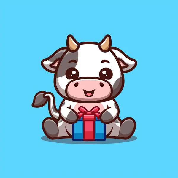 Cow Sitting Gift Box Cute Creative Kawaii Cartoon Mascot Logo — Stockvektor