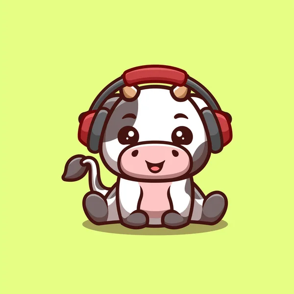 Cow Sitting Hearing Musik Niedlich Kreativ Kawaii Cartoon Mascot Logo — Stockvektor