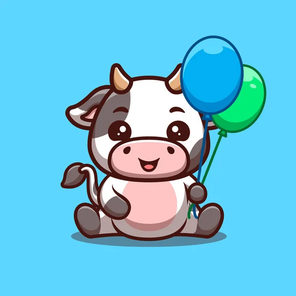 Cow Sitting Halten Ballon Cute Creative Kawaii Cartoon Mascot Logo — Stockvektor