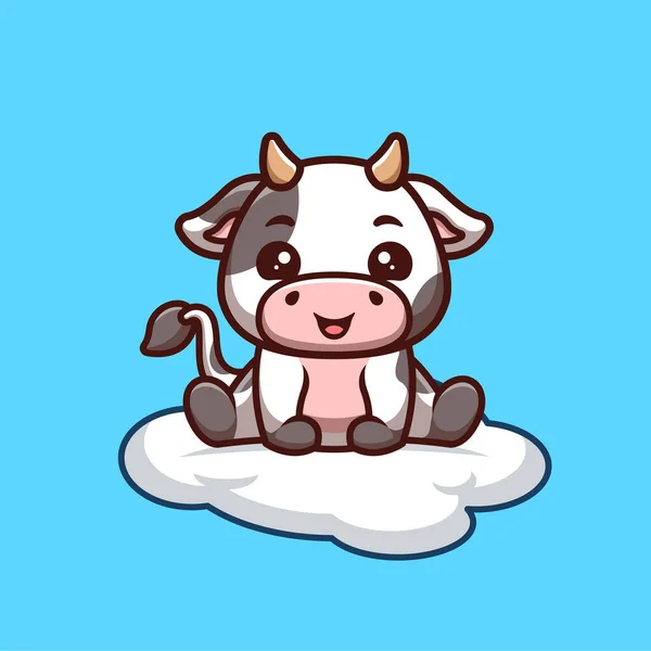 Kuh Sitzt Auf Wolke Niedliche Kreative Kawaii Cartoon Maskottchen Logo — Stockvektor