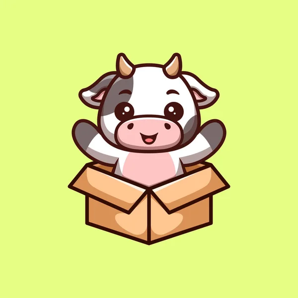 Kuh Sitzt Aus Box Niedliche Kreative Kawaii Cartoon Maskottchen Logo — Stockvektor