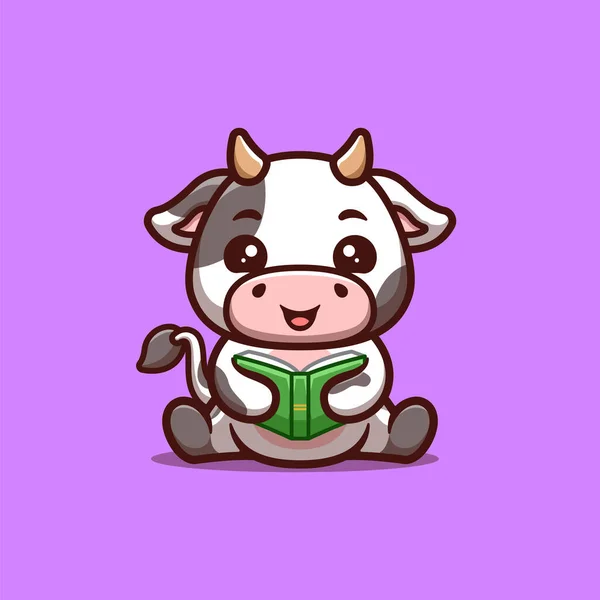 Cow Sitting Lesebuch Niedliche Kreative Kawaii Cartoon Maskottchen Logo — Stockvektor