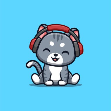 Evcil Kedi Oturan Müzik Şirin Yaratıcı Kawaii Maskot Logosu