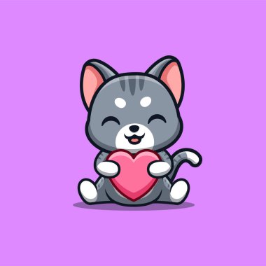 Domestic Cat Sitting Love Cute Creative Kawaii Cartoon Mascot Logo