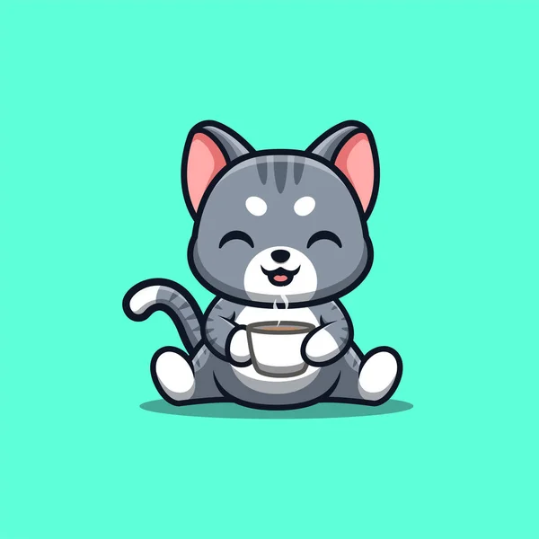 Domestic Cat Sitting Drink Coffee Cute Creative Kawaii Cartoon Mascot — Vector de stock
