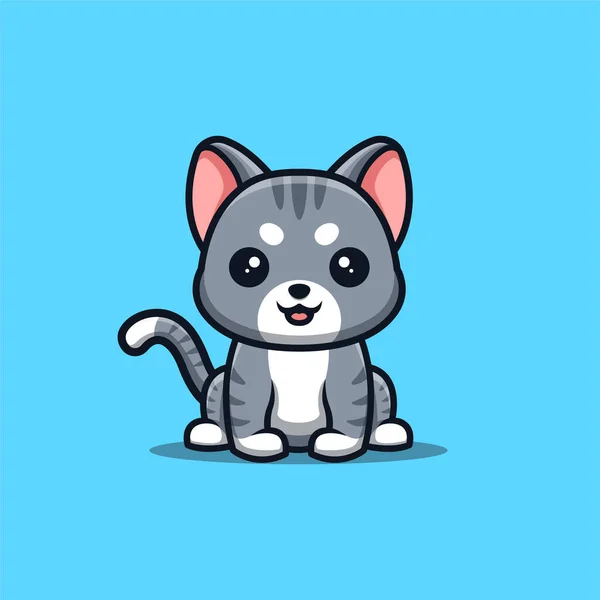 Domestic Cat Sitting Happy Cute Creative Kawaii Cartoon Mascot Logo — Vetor de Stock