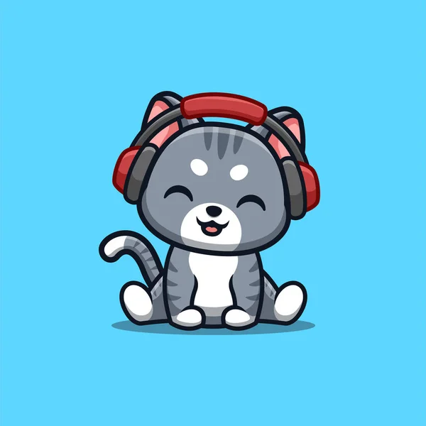 Evcil Kedi Oturan Müzik Şirin Yaratıcı Kawaii Maskot Logosu