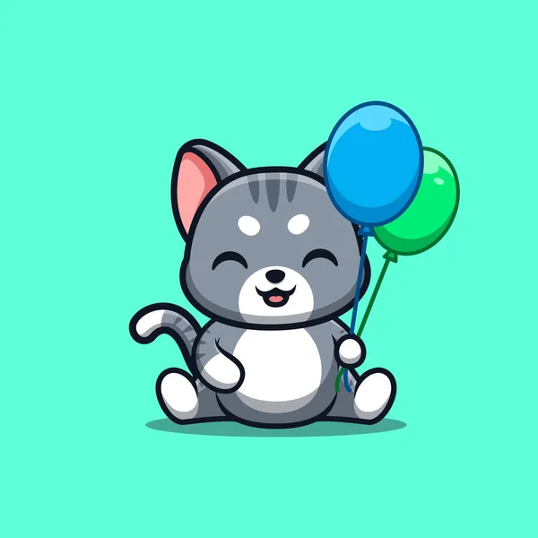 Hauskatze Sitzt Halten Ballon Cute Creative Kawaii Cartoon Mascot Logo — Stockvektor