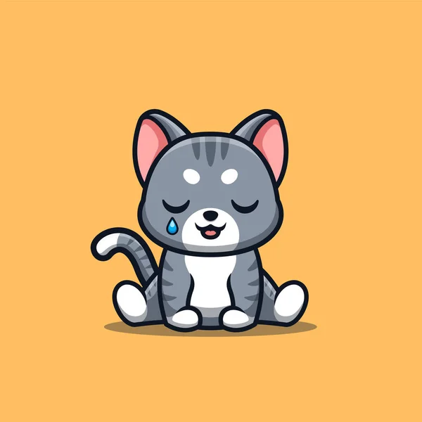 Domestic Cat Sitting Sad Cute Creative Kawaii Cartoon Mascot Logo — Vector de stock