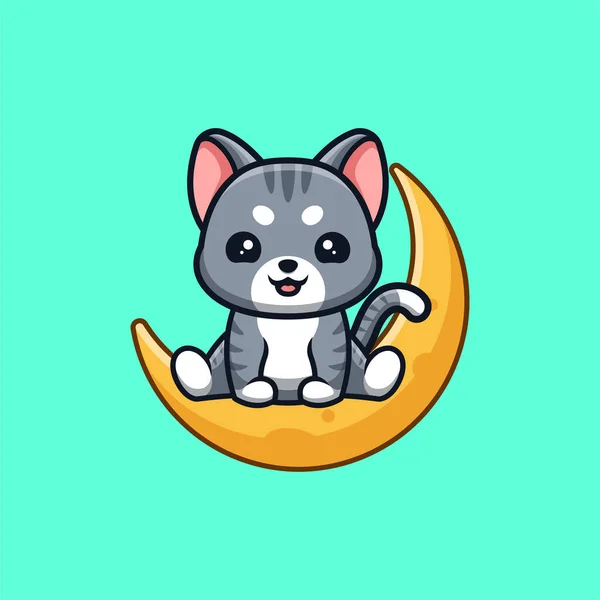 Evcil Kedi Ay 'da Oturuyor Yaratıcı Kawaii Çizgi Film Maskotu Logosu