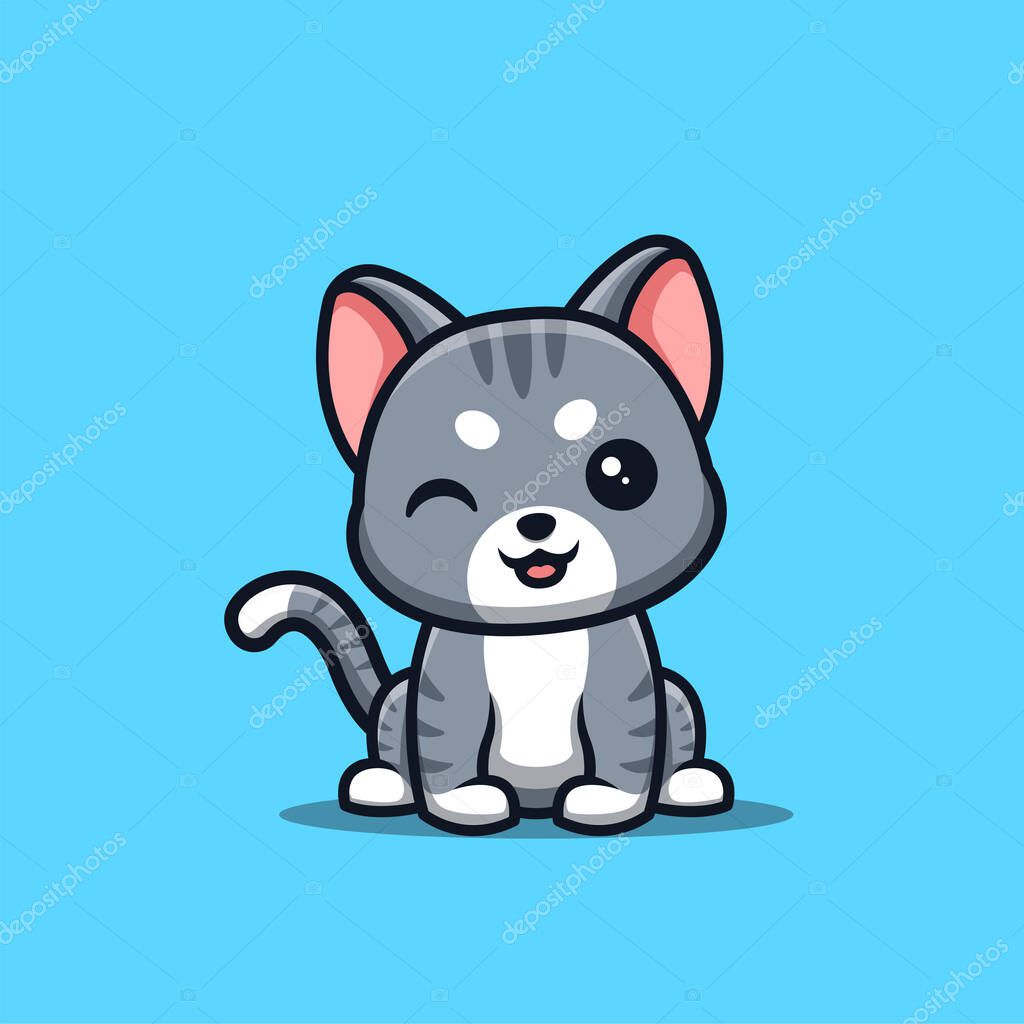 Domestic Cat Sitting Winking Cute Creative Kawaii Cartoon Mascot Logo