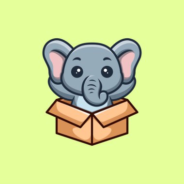 Fil Kutudan Oturuyor Yaratıcı Kawaii Çizgi Film Maskotu Logosu