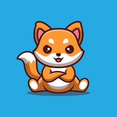 Fox Oturuyor Kızgın Şirin Yaratıcı Kawaii Çizgi Film Maskotu Logosu