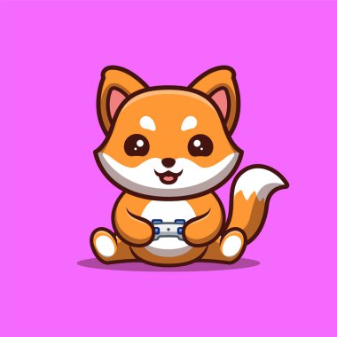Fox Oturan Oyun Şirin Yaratıcı Kawaii Çizgi Film Maskotu Logosu