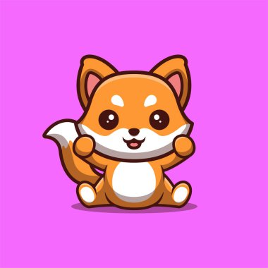 Oturan Tilki Heyecanlı Şirin Yaratıcı Kawaii Çizgi Film Maskotu Logosu