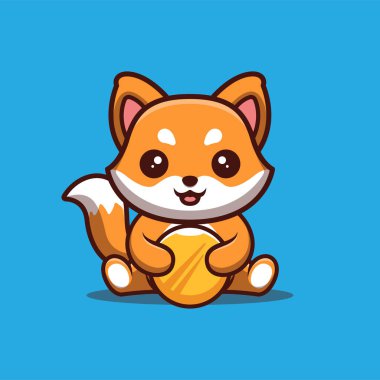 Fox Oturan Altın Sikke Yaratıcı Kawaii Çizgi Film Maskotu Logosu