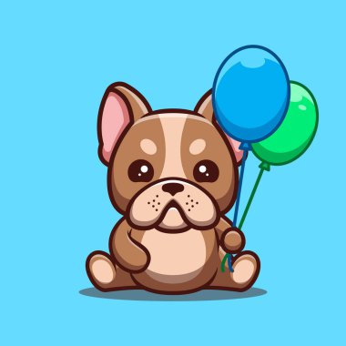 Fransız Bulldog Oturan Balon Şirin Yaratıcı Kawaii Maskot Logosu