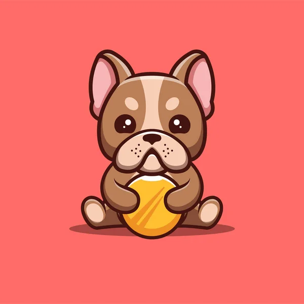Fransız Bulldog Oturan Altın Sikke Yaratıcı Kawaii Maskot Logosu