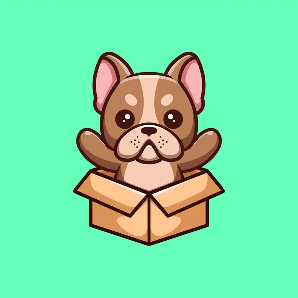 Fransız Bulldog Kutudan Oturuyor Yaratıcı Kawaii Çizgi Film Maskotu Logosu