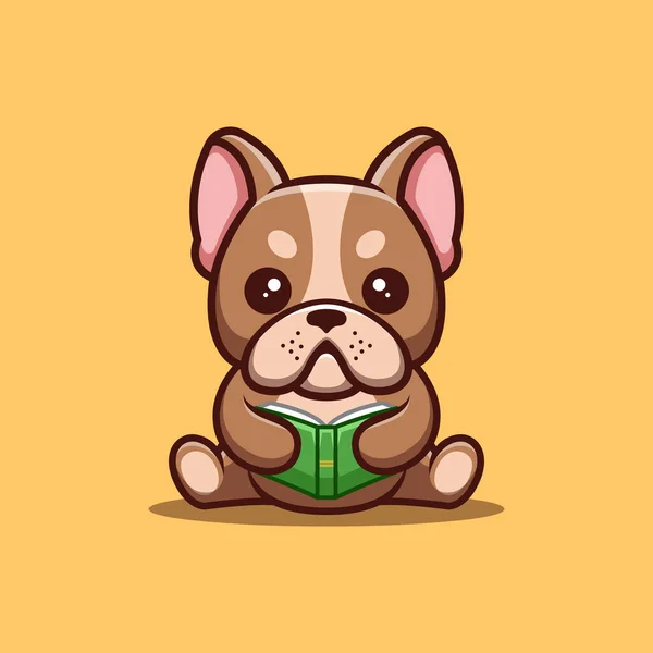 Fransız Bulldog Oturan Kitap Okuyor Şirin Yaratıcı Kawaii Maskot Logosu