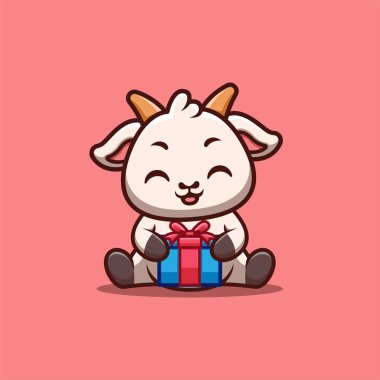Keçi Oturan Hediye Kutusu Yaratıcı Kawaii Maskot Logosu
