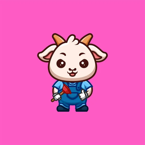 Goat Plumber Cute Creative Kawaii Cartoon Mascot Logo — Vector de stock