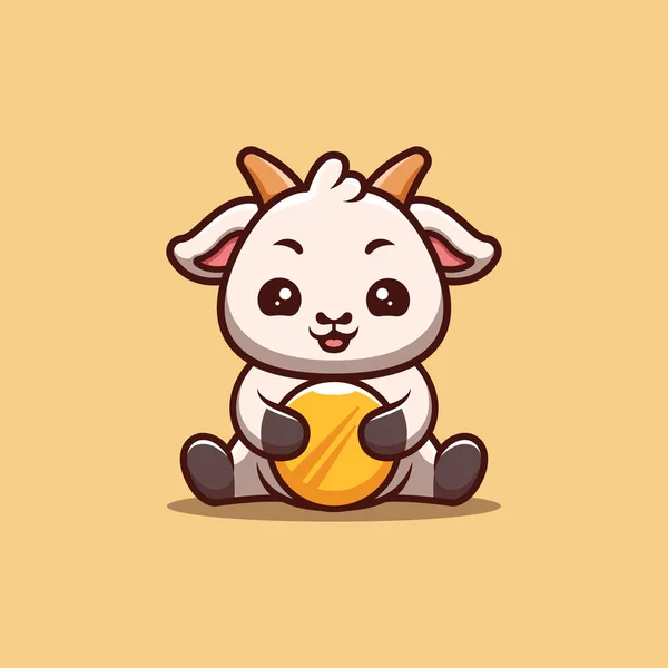 Goat Sitting Gold Coin Cute Creative Kawaii Cartoon Mascot Logo — Διανυσματικό Αρχείο