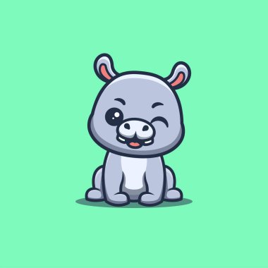 Hippo Sitting Winking Cute Creative Kawaii Cartoon Mascot Logo