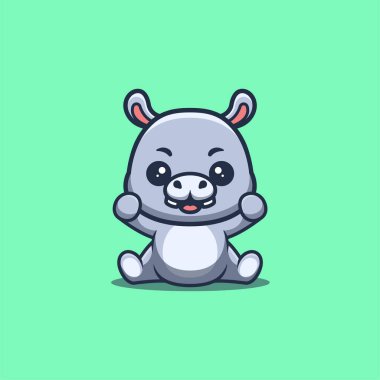 Hippo Sitting Excited Cute Creative Kawaii Cartoon Mascot Logo