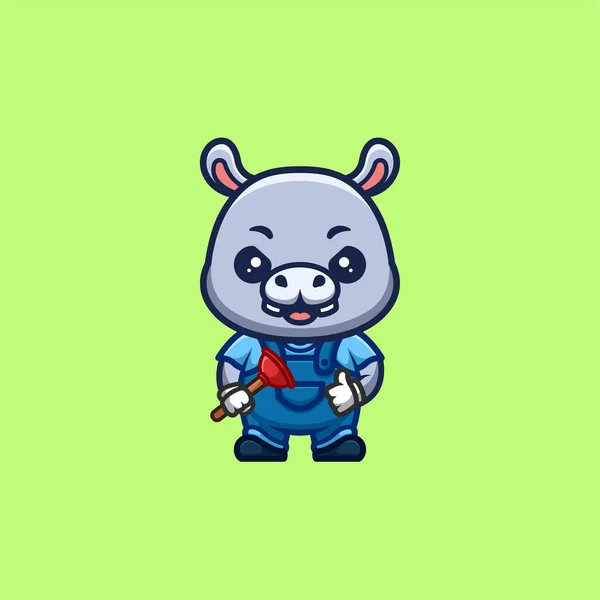 Hippo Plumber Cute Creative Kawaii Cartoon Mascot Logo — Vector de stock