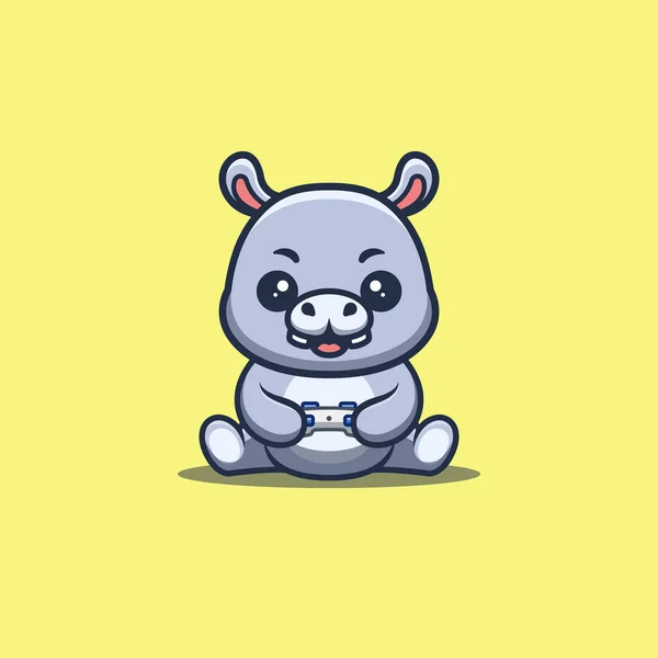 Hippo Sitting Gaming Cute Creative Kawaii Cartoon Mascot Logo — Vetor de Stock