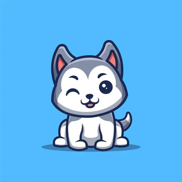 Husky Sitting Winking Cute Creative Kawaii Cartoon Mascot Logo