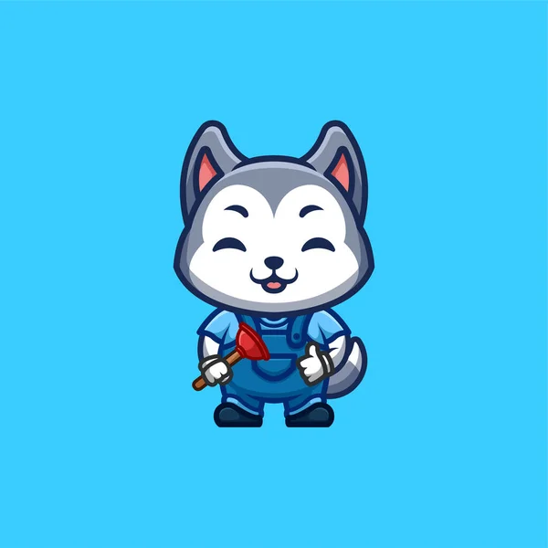 Husky Plumber Cute Creative Kawaii Cartoon Mascot Logo — Vector de stock