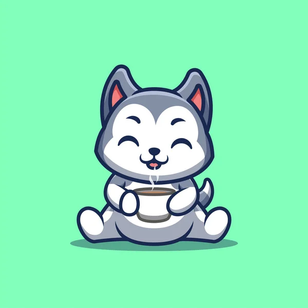 Husky Sitting Drink Coffee Cute Creative Kawaii Cartoon Mascot Logo — Vector de stock