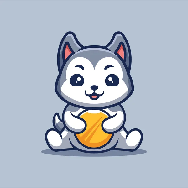 Husky Sitting Gold Coin Cute Creative Kawaii Cartoon Mascot Logo — Stockvektor