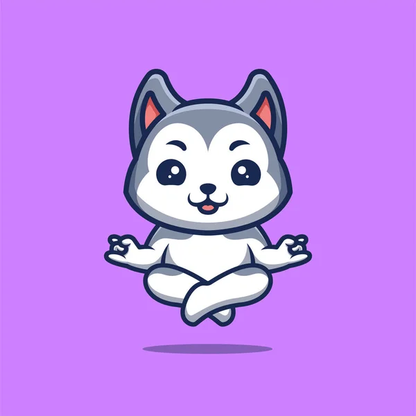 Husky Sitting Meditation Cute Creative Kawaii Cartoon Mascot Logo — Vector de stock