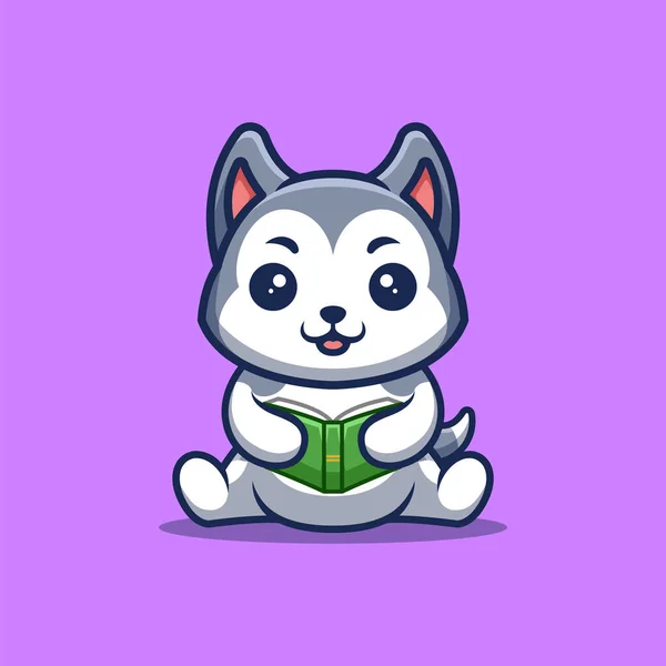 Husky Sitting Reading Book Cute Creative Kawaii Cartoon Mascot Logo — Stockvektor