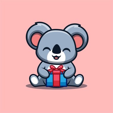 Koala Sitting Gift Box Cute Creative Kawaii Cartoon Mascot Logo